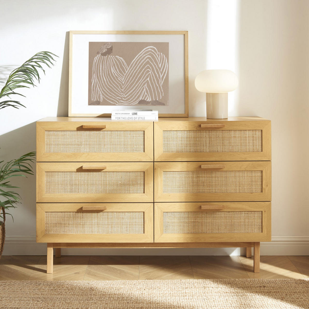 KOMMODE mit 6 Schubladen aus Holz und Geflecht, L130 cm - JUNE - color_light_wood - Eschefarben, Holz (130/85/40cm) - Drawer