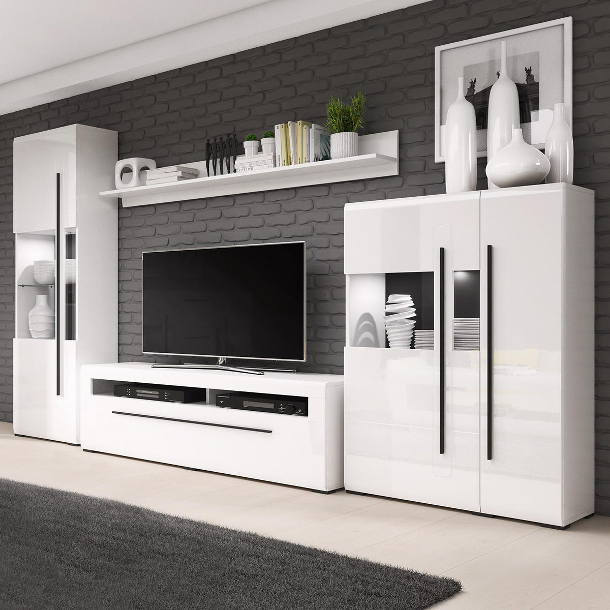 WOHNWAND - 4-teilig - Weiß Hochglanz/Schwarz, Holzwerkstoff/Kunststoff (310/204/50cm) - home24