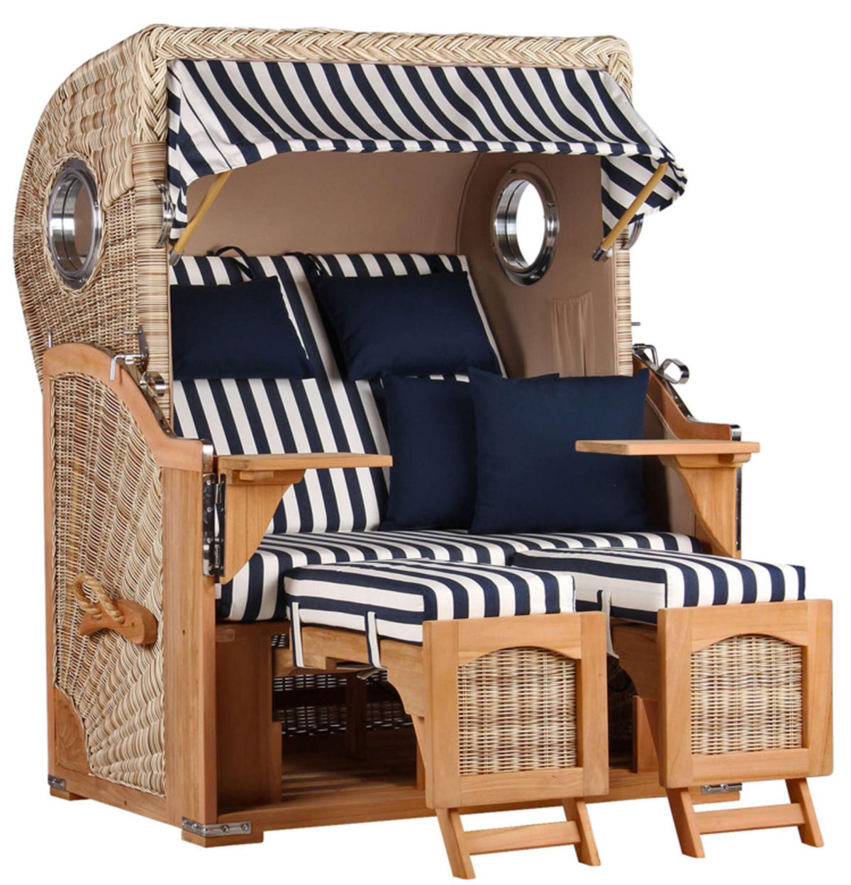 STRANDKORB Komplettset Düne Teak PE Shell Dessin 518 - Blau/Braun, Naturmaterialien/Metall (125/170/80cm) - Mr. Deko