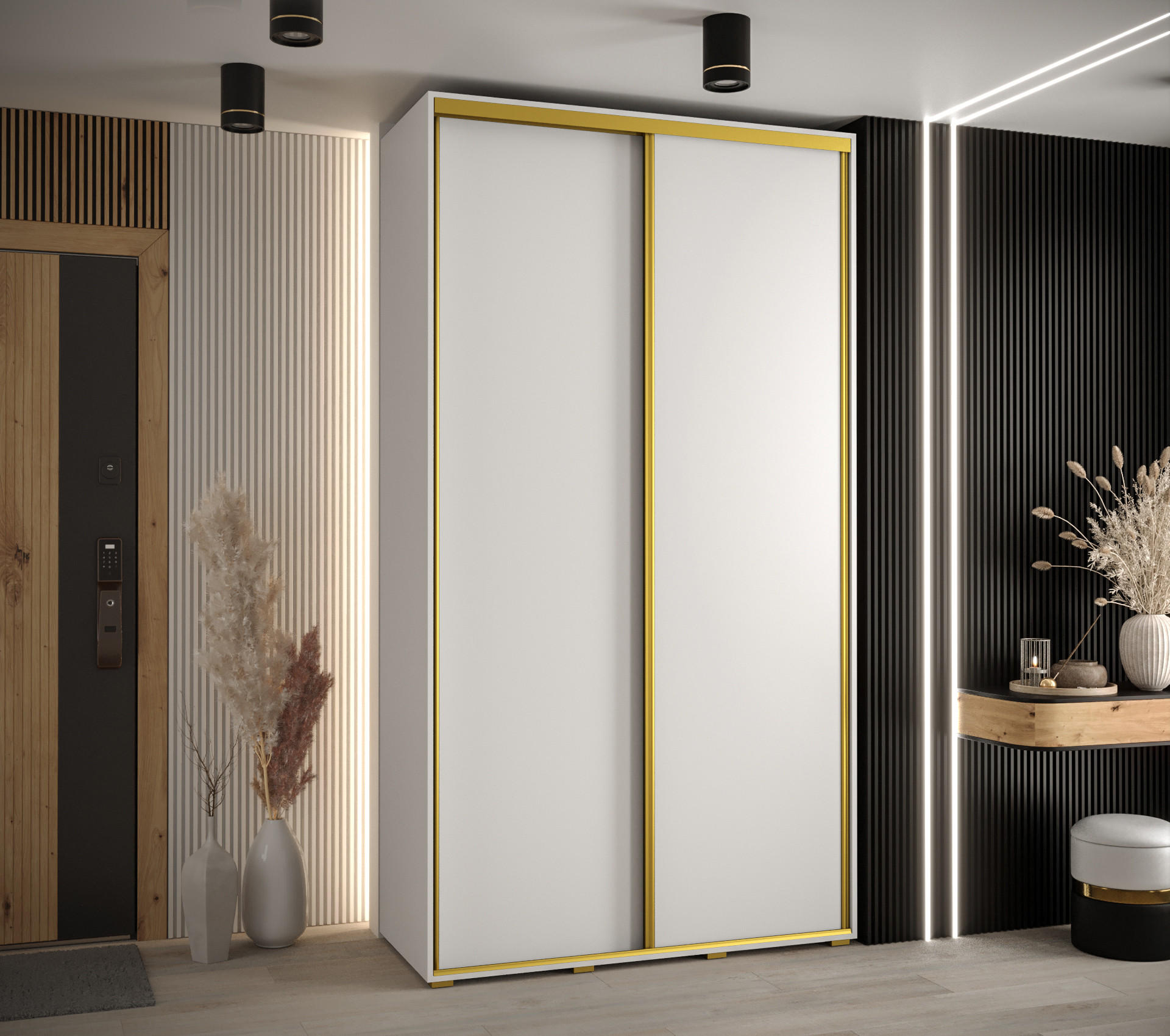 SCHWEBETÜRENSCHRANK 235,2/130/60 2-türig - Goldfarben/Weiß, Holz/Metall (130/235/60cm) - Abiks Möbel