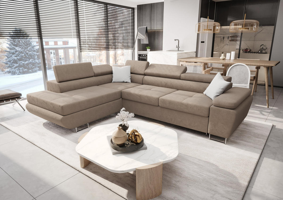 ECKSOFA KONGO RBN04, Eckcouch in L-Form mit Schlaffunktion, Farbe: Beige, Velourstoff, Ottomane Links - Beige, Textil (272/200cm) - O-Sofa
