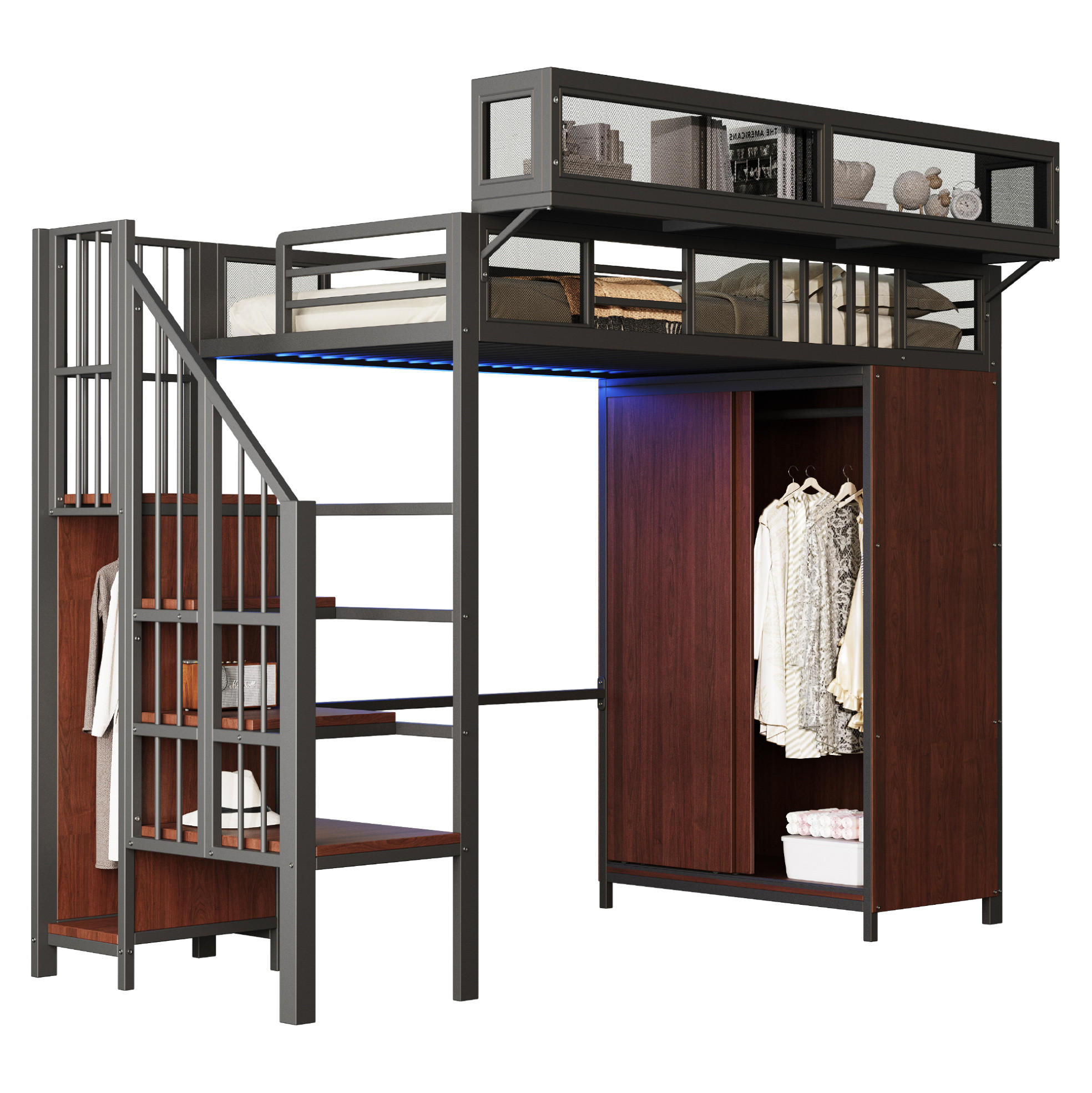 HOCHBETT 90/200 cm Schwarz aus Metall, Sperrholz und MDF mit Kleiderschrank und LED-Beleuchtung - Schwarz, Metall (90/200cm) - OKMYHOME