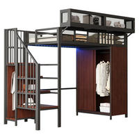 HOCHBETT 90/200 cm Schwarz aus Metall, Sperrholz und MDF mit Kleiderschrank und LED-Beleuchtung - Schwarz, Metall (90/200cm) - OKMYHOME