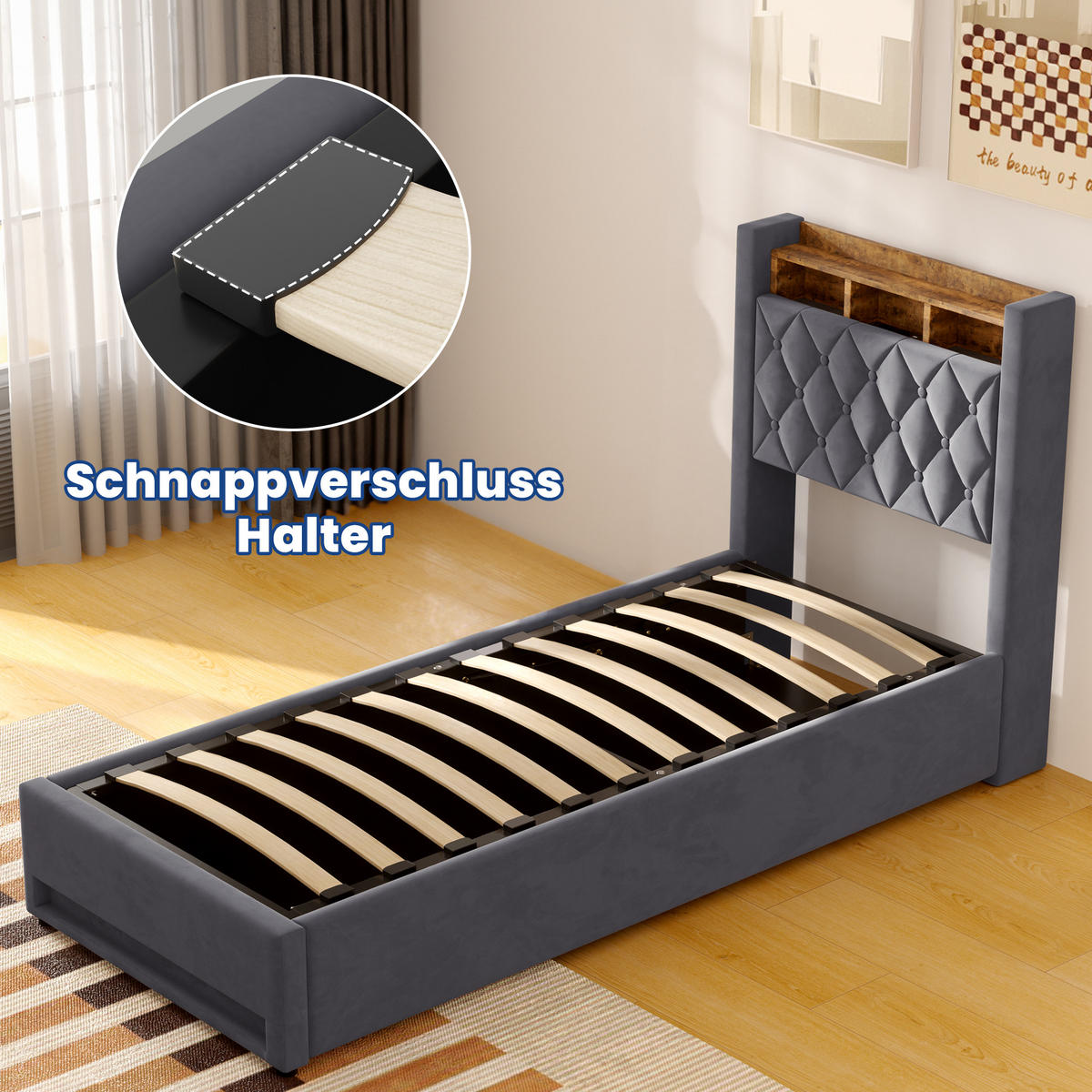 POLSTERBETT 90x200cm mit LED-Beleuchtung,mit Bettkasten,Grau Bettgestell - Grau, Holzwerkstoff/Textil (90/200cm) - EVRYAE