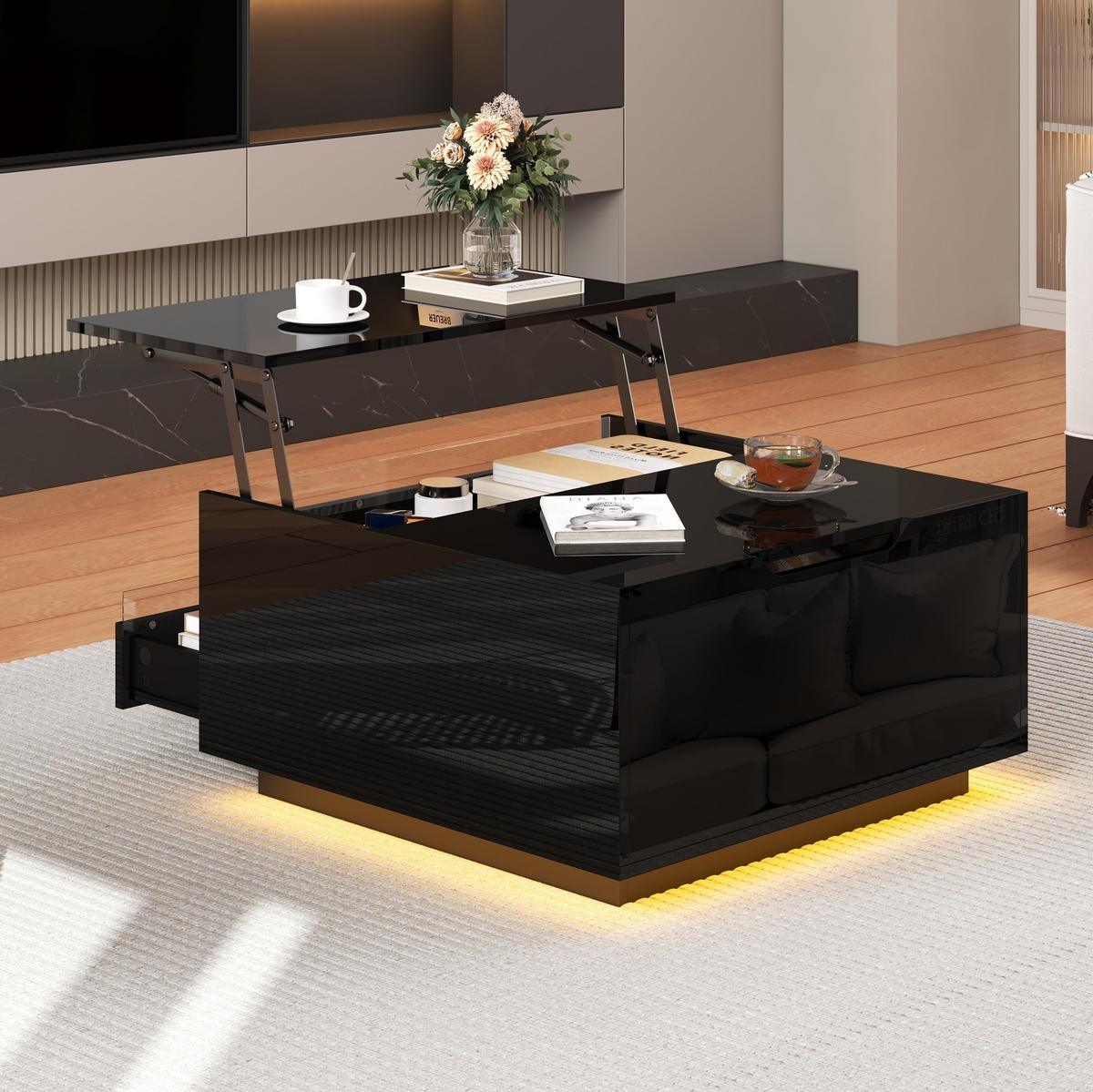 COUCHTISCH mit Hubplatte 70x70 cm Hochglanz Schwarz mit LED und Schublade - Schwarz, Holzwerkstoff (70/70/38cm) - Meubliv