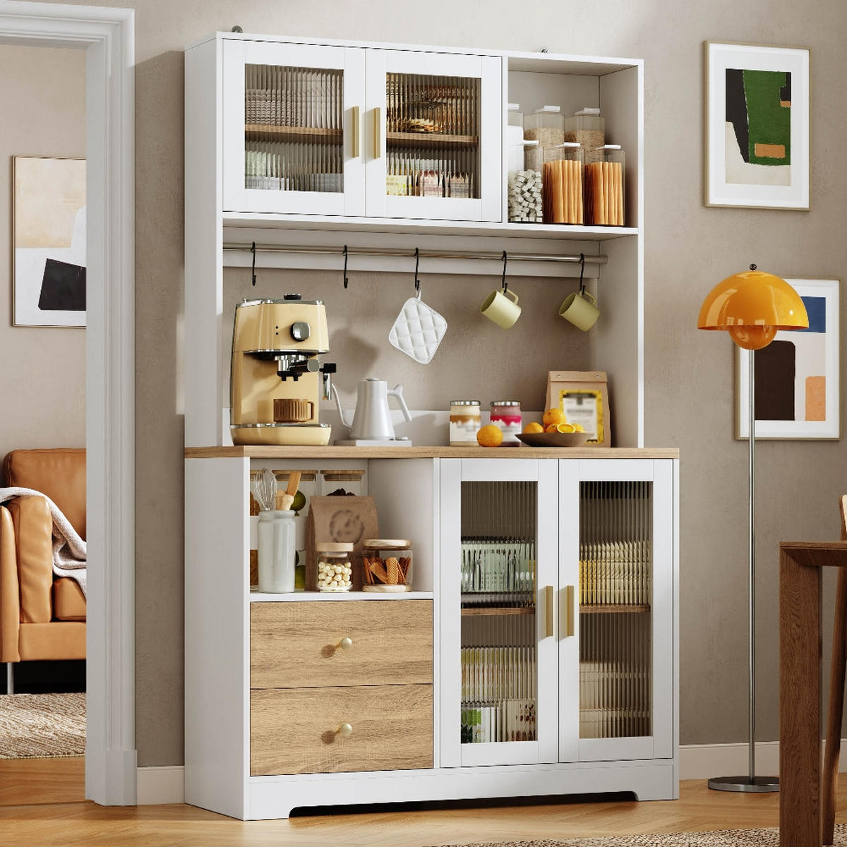 KÜCHENSCHRANK Hochschrank mit LED und Steckdose, Vitrine mit Glastüren, Weiß-Holzoptik, 110/40/178 cm - Naturfarben, Kunststoff (40/178/110cm) - Rolipo