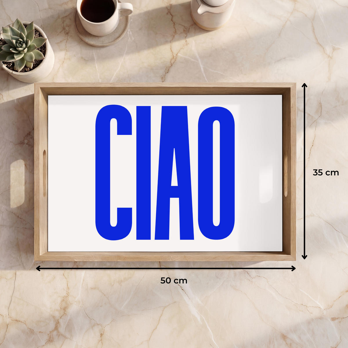 SERVÍROVACÍ PODNOS Ciao - Velká písmena - Modrá - Minimalistická 50x35 cm - modrá, dřevo (50/5/35cm)