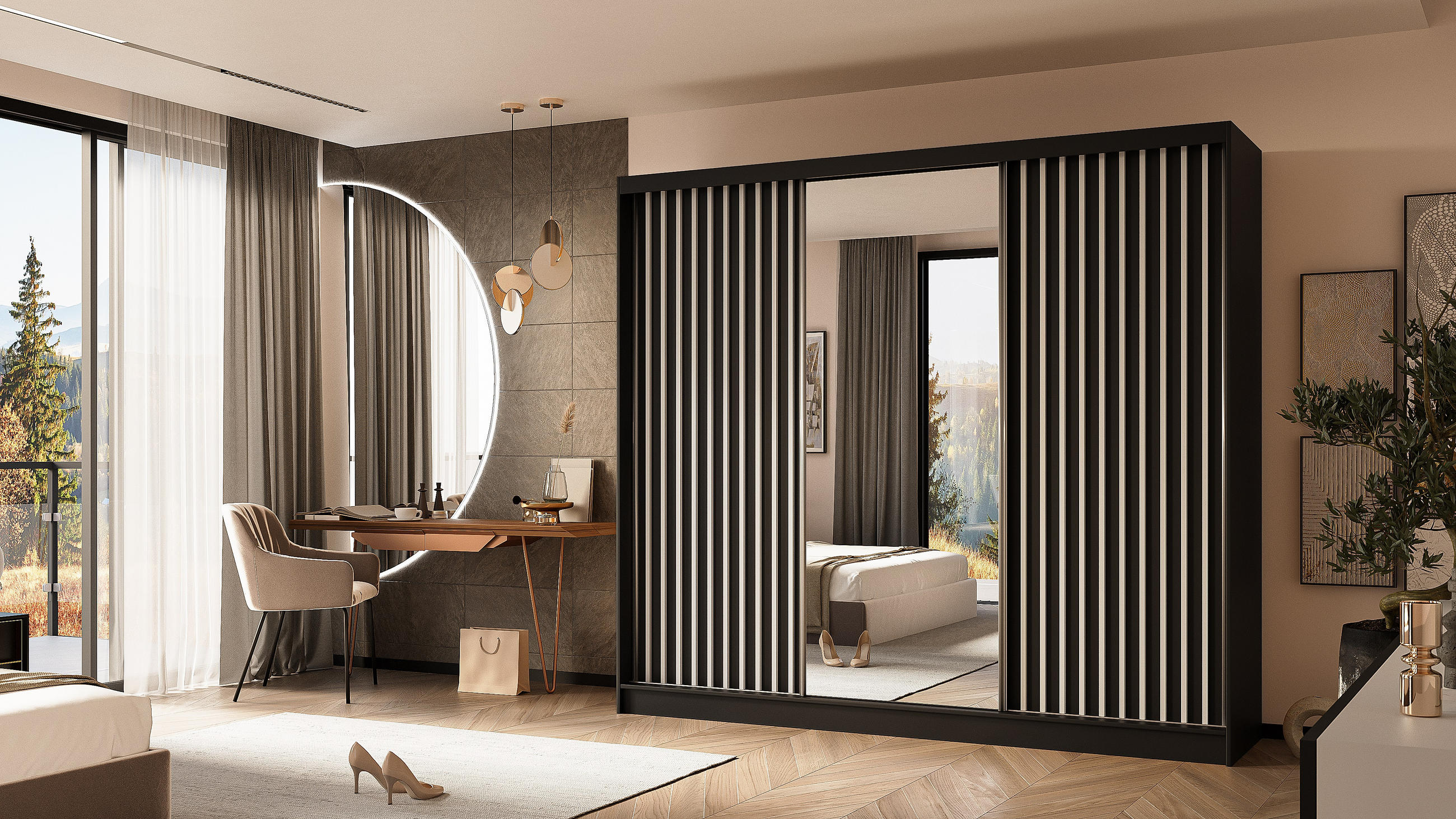 KLEIDERSCHRANK mit Spiegel-Schiebetüren und Aluminium-Leisten - LAMELO - 240 cm Schwarz+Schwarz+Weiß - Schwarz/Weiß, Holzwerkstoff (240/216/61cm) - ALTDECOR