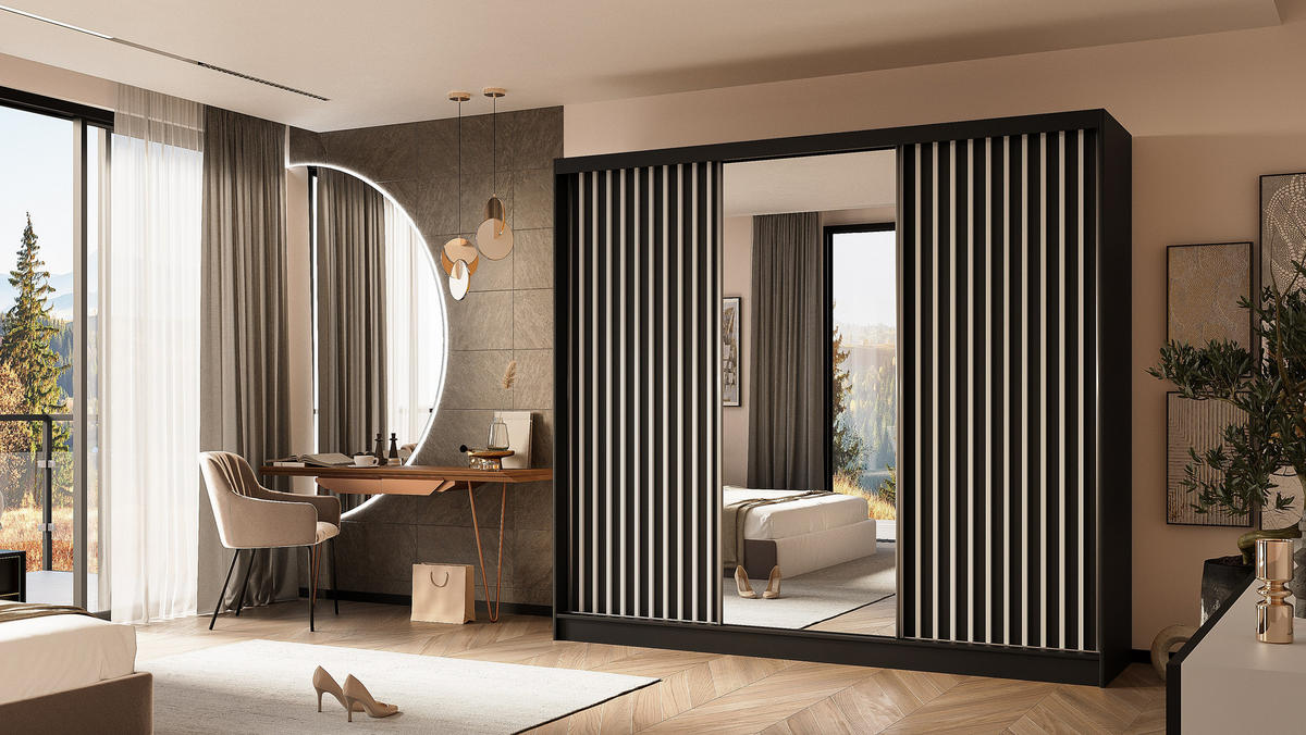 KLEIDERSCHRANK mit Spiegel-Schiebetüren und Aluminium-Leisten - LAMELO - 240 cm Schwarz+Schwarz+Weiß - Schwarz/Weiß, Holzwerkstoff (240/216/61cm) - ALTDECOR