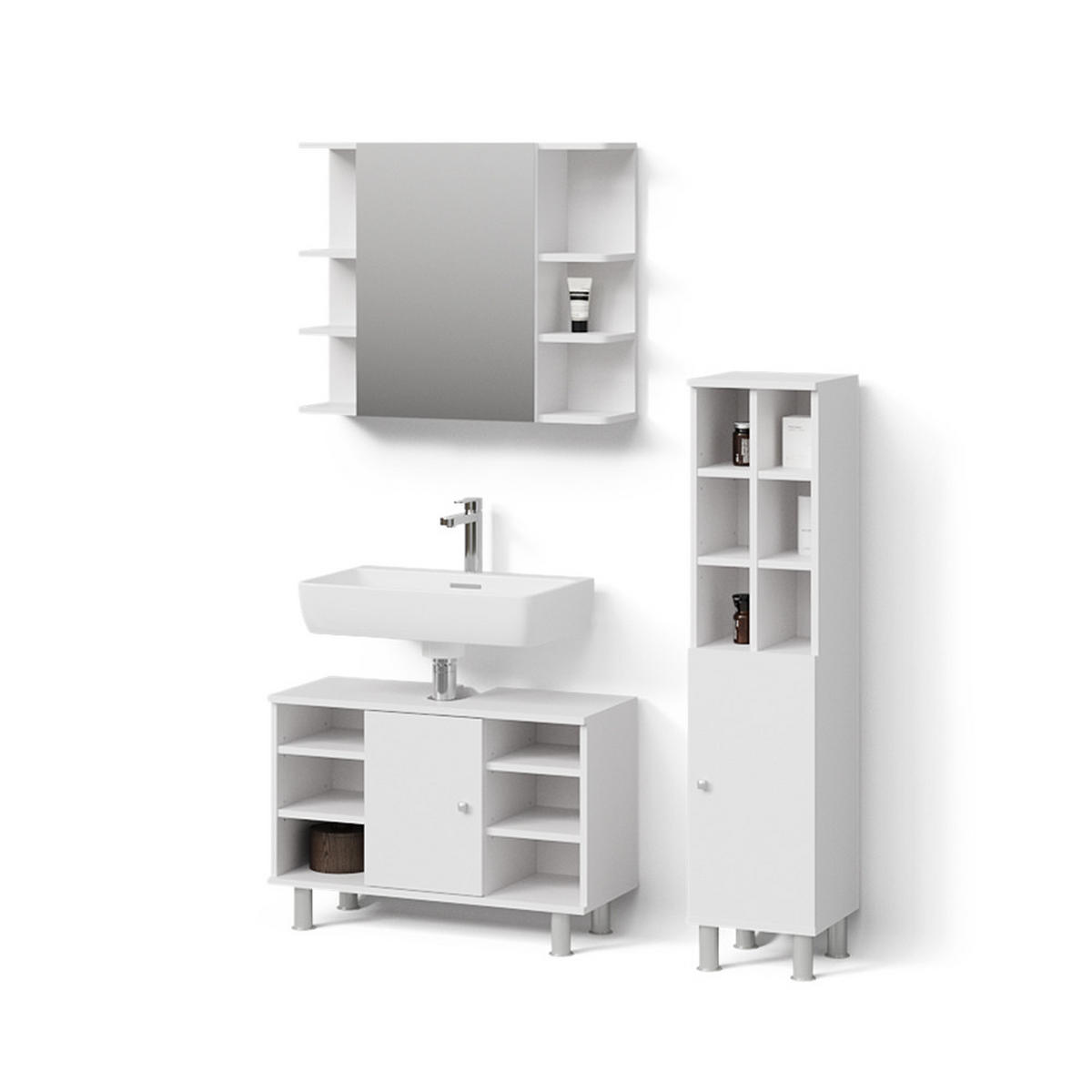 BADMÖBEL-SET Fucino Weiß 3 Teile, mit Midischrank Tür groß - Weiß, Holzwerkstoff (80/54/32cm) - Livinity®