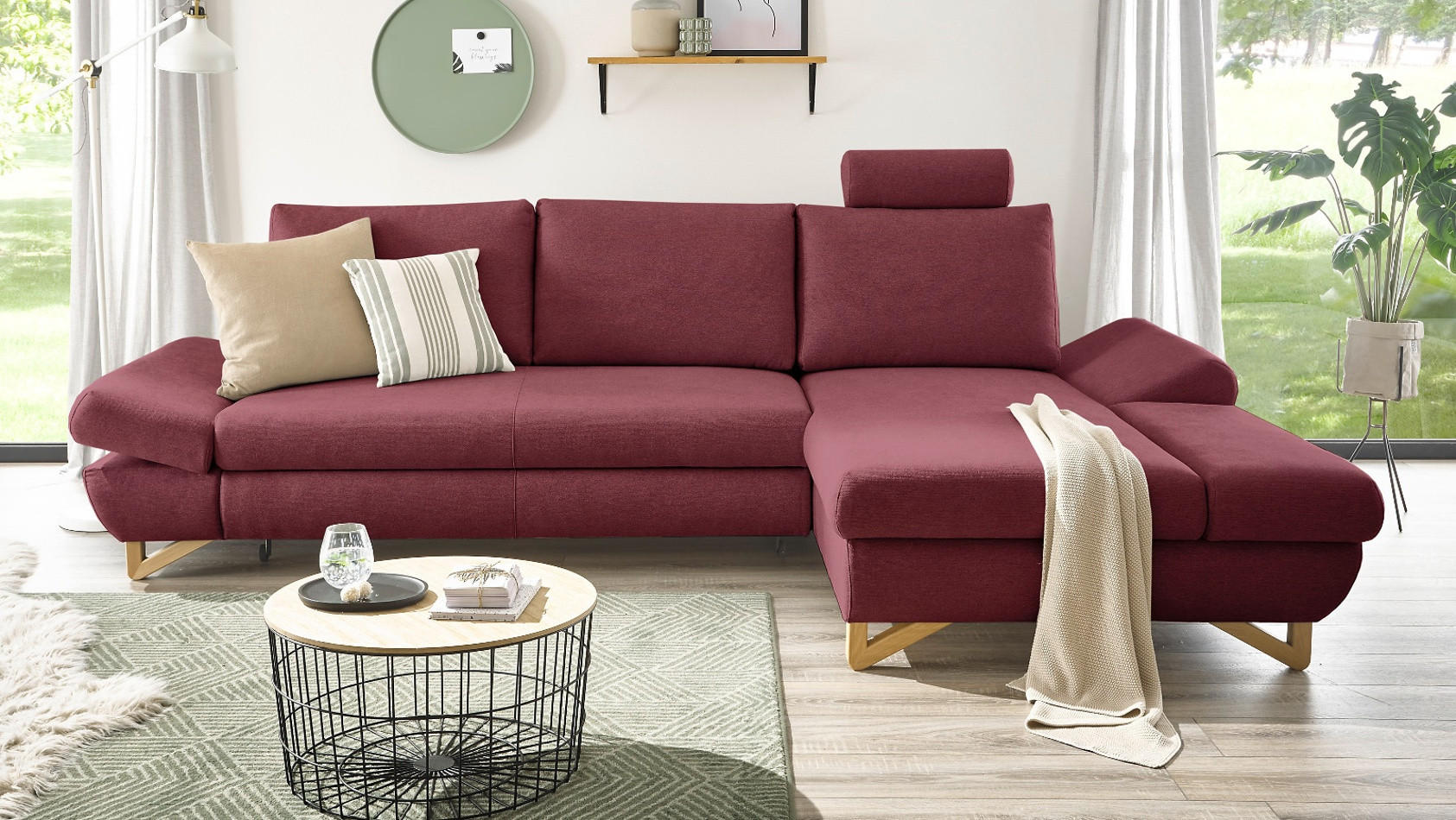 ECKSOFA bordeaux Velours, Sofa mit Bettfunktion und Stauraum 284 cm - Bordeaux, Holz/Textil (284/166cm) - Furn.Design