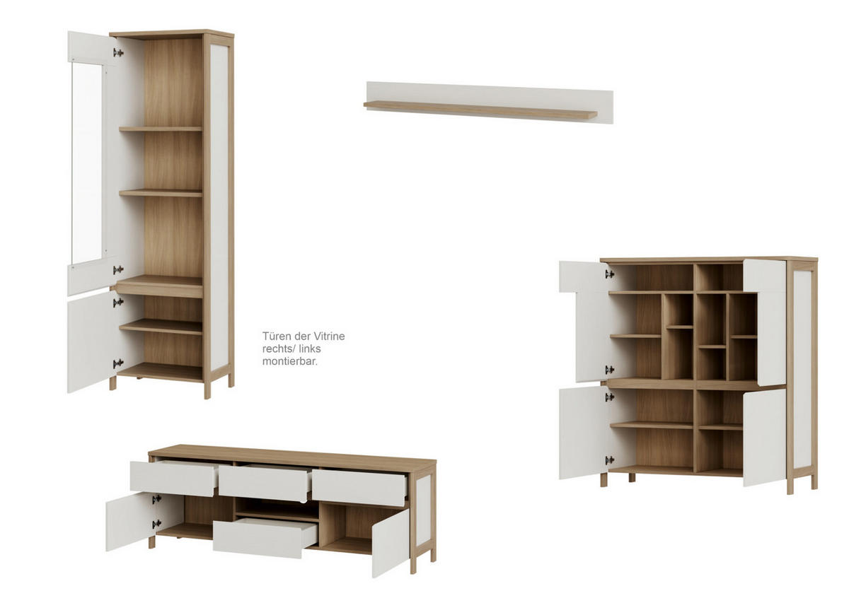 WOHNWAND weiß, Eiche 4-teilig 360 cm, Wohnkombination skandinavisch mit Soft-Close, Finnes - Eichefarben/Weiß, Holzwerkstoff/Metall (363/195/39cm) - Furn.Design