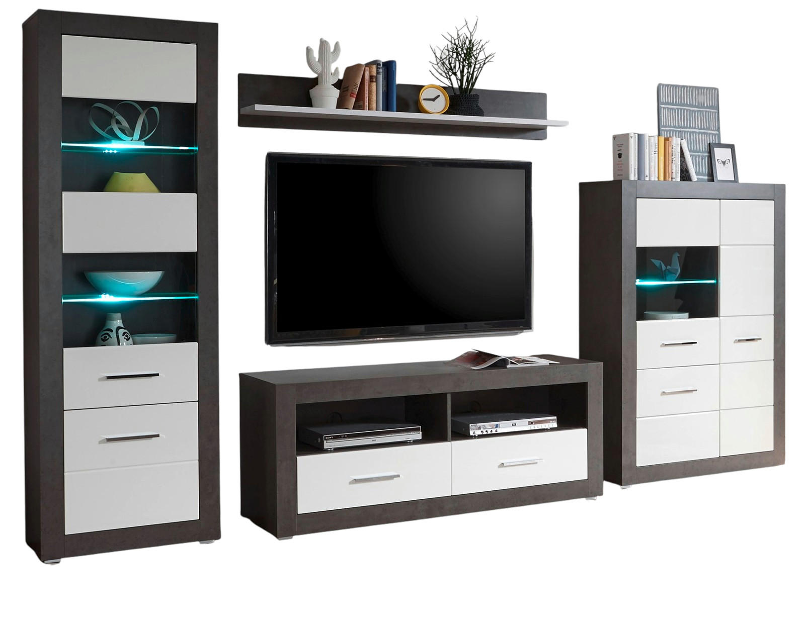 WOHNWAND weiß Hochglanz, grau Stone 4-teilig 335 x 198 cm, Wohnkombination modernes Design - Weiß Hochglanz/Silberfarben, Glas/Holzwerkstoff (335/198/45cm) - Furn.Design