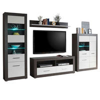 WOHNWAND weiß Hochglanz, grau Stone 4-teilig 335 x 198 cm, Wohnkombination modernes Design - Weiß Hochglanz/Silberfarben, Glas/Holzwerkstoff (335/198/45cm) - Furn.Design