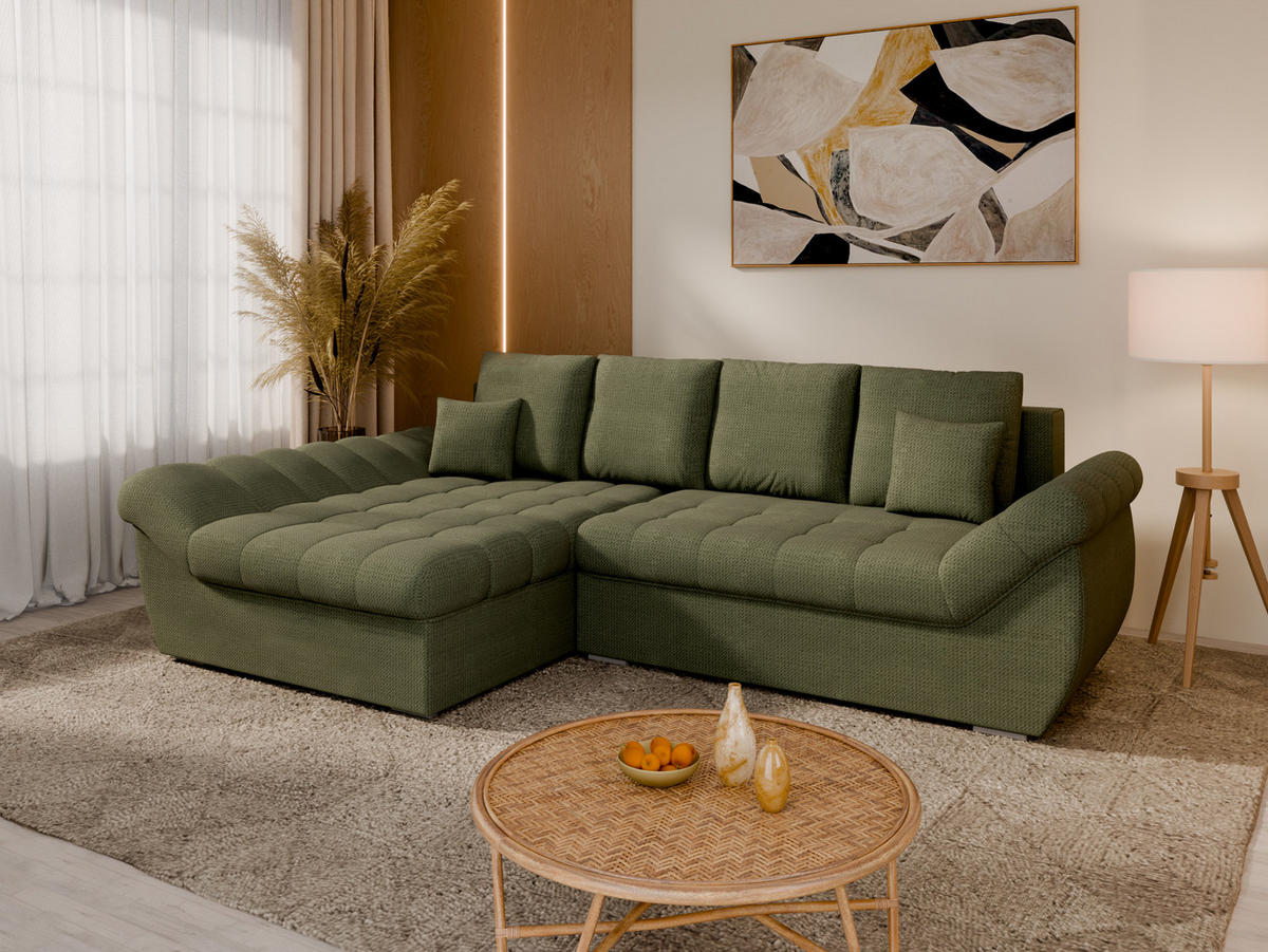 ECKSOFA ZAYA mit Schlaffunktion L-Form, Sofa mit Bettkasten, Wohnzimmersofa, Couch, Soffa, Bettsofa, LINKS-Grün - Grün, Holz (279/175cm) - Homesy