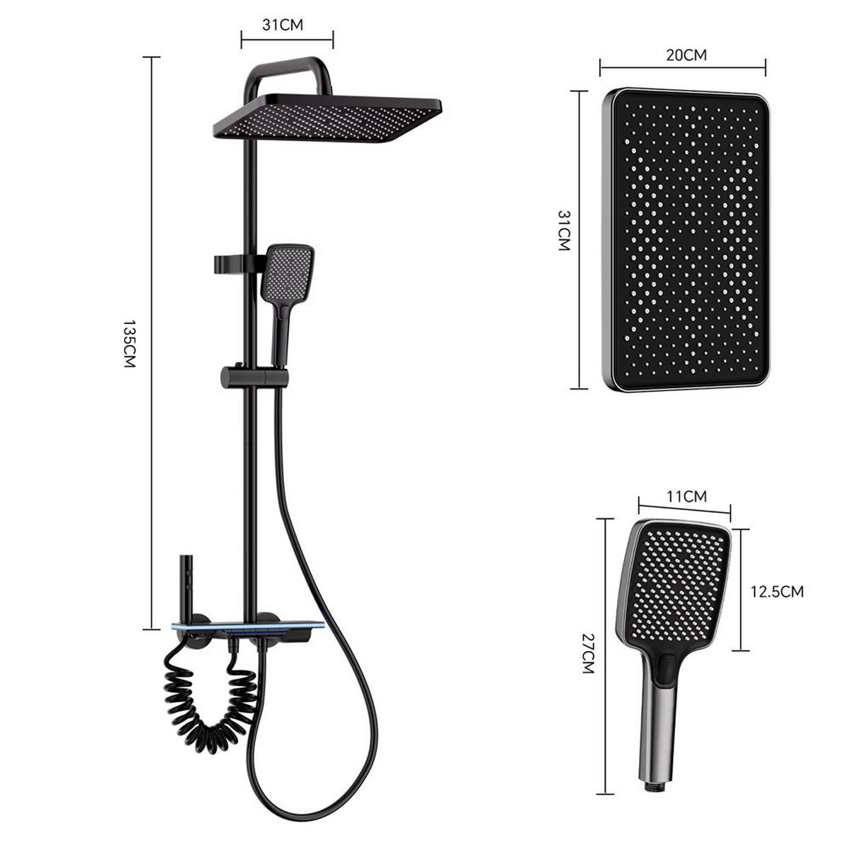 ÜBERKOPFBRAUSESET Digitalanzeige LED Kupfer Glas Regendusche, schwarz - Schwarz, Metall (20/135/31cm) - Bextcok