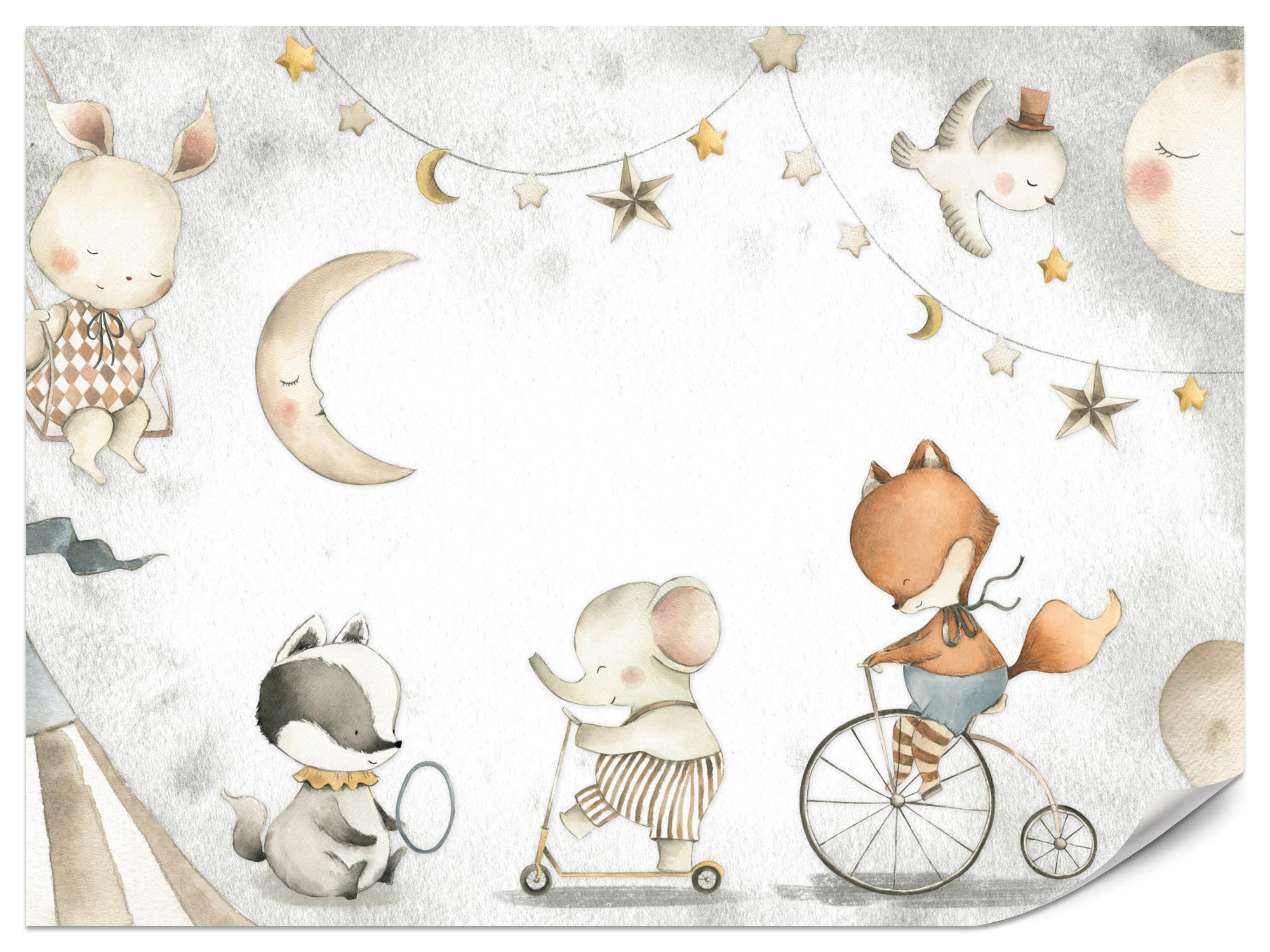 FOTOTAPETE für Kinderzimmer Zirkus Tiere Elefant Fuchs Monde Sterne 400x280 - Gelb/Beige, Papier (400/280cm) - Muralo