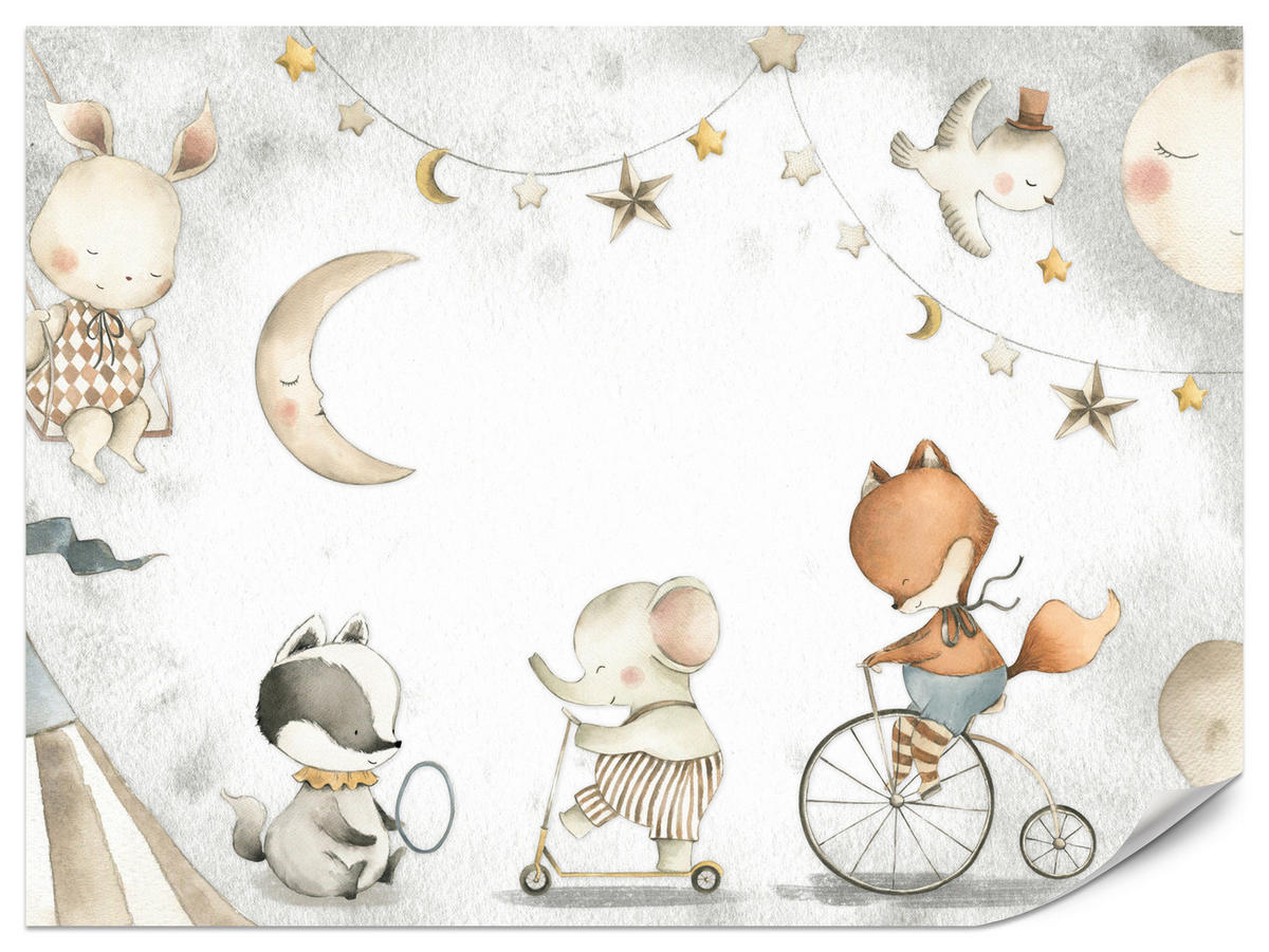 FOTOTAPETE für Kinderzimmer Zirkus Tiere Elefant Fuchs Monde Sterne 400x280 - Gelb/Beige, Papier (400/280cm) - Muralo