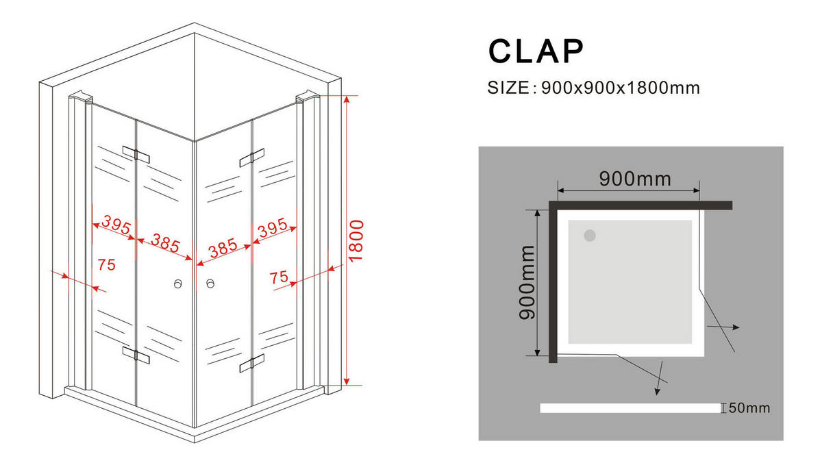DUSCHKABINE CLAP Klar 90 x 90 x 180 cm 8 mm ESG - Klar, Glas (90/90/180cm) - Glasdeals