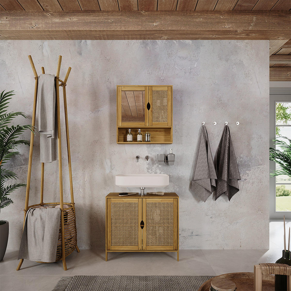 BADMÖBEL-SET Liora Bambus 2 Teile - Grün, Holzwerkstoff (68/60/29cm) - Vicco