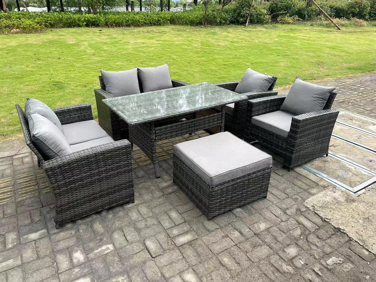 GARTENMÖBELGARNITUR mit Esstisch Polyrattan Dunkelgrau 7-Sitzer - Dunkelgrau/Grau, Glas/Kunststoff - Fimous