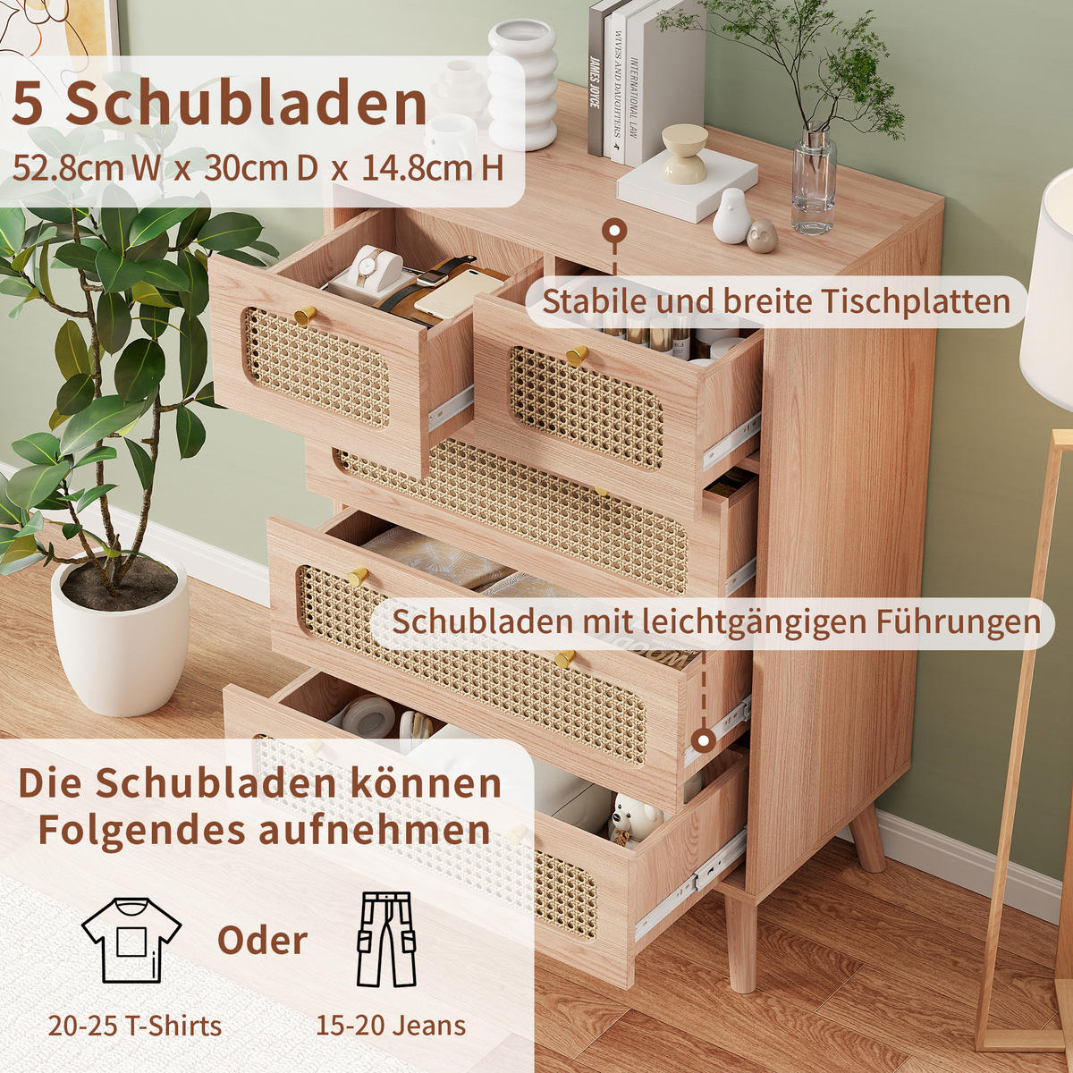 KOMMODE mit 5 Schubladen, Massivholzbeinen, Modernes Design, Braun - Braun, Holz (34/91/60cm)