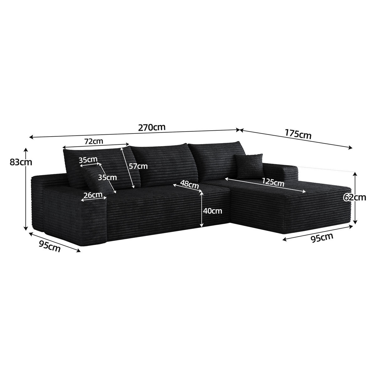 ECKSOFA 270/175/83 cm Schwarz Cord mit Chaiselongue, Rechte Seite - Schwarz, Textil (270/175cm) - Oxeza
