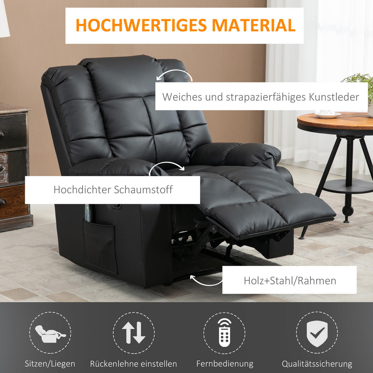 MASSAGESESSEL Elektrisch Fernsehsessel mit Liegefunktion 8 Massagepunkte Schwarz - Schwarz, Leder (99/99/94cm) - HOMCOM