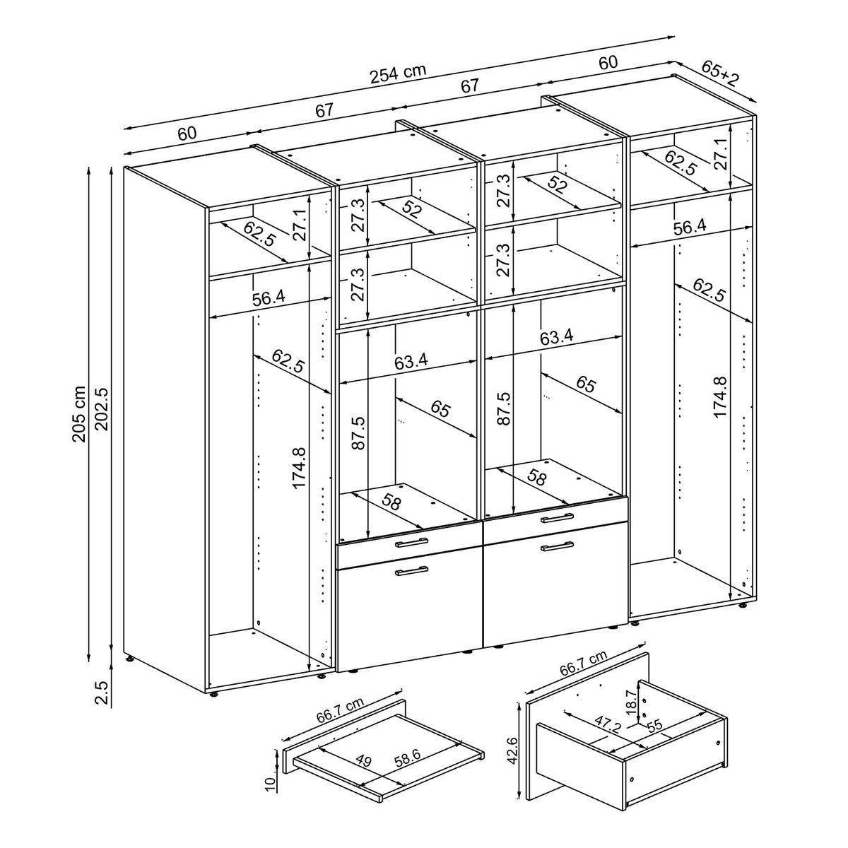 WASCHMASCHINENSCHRANK Serie 2 254cm Breit, 205cm Hoch - Schwarz, Holzwerkstoff (254/205/67cm)