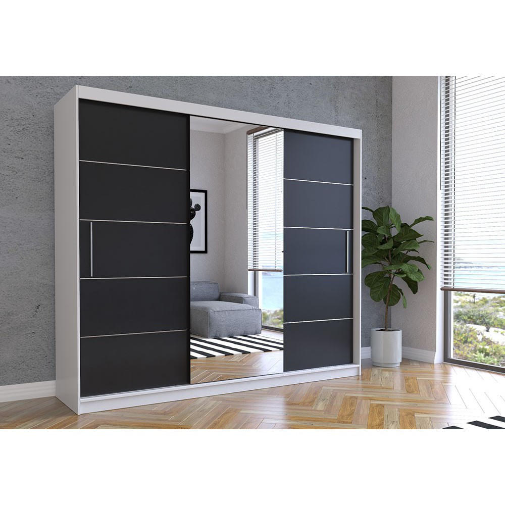SCHWEBETÜRENSCHRANK ALBA Weiß, Schwarz + Spiegel, ohne LED Beleuchtung 250 cm - Schwarz/Alufarben, Glas/Holzwerkstoff (250/218/61cm) - imoebel24