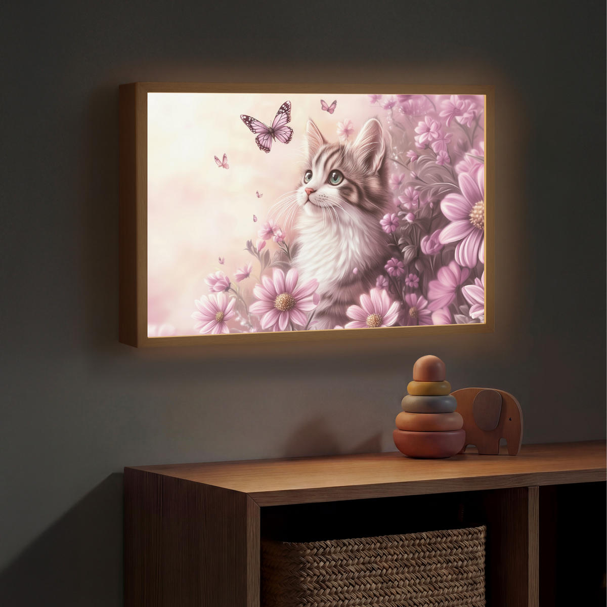 NACHTTISCHLAMPE MIT AKKU Kätzchen - Blumen - Schmetterlinge - Lila 60x40 cm - Altrosa, Holzwerkstoff (8/60/40cm) - OnlyWow