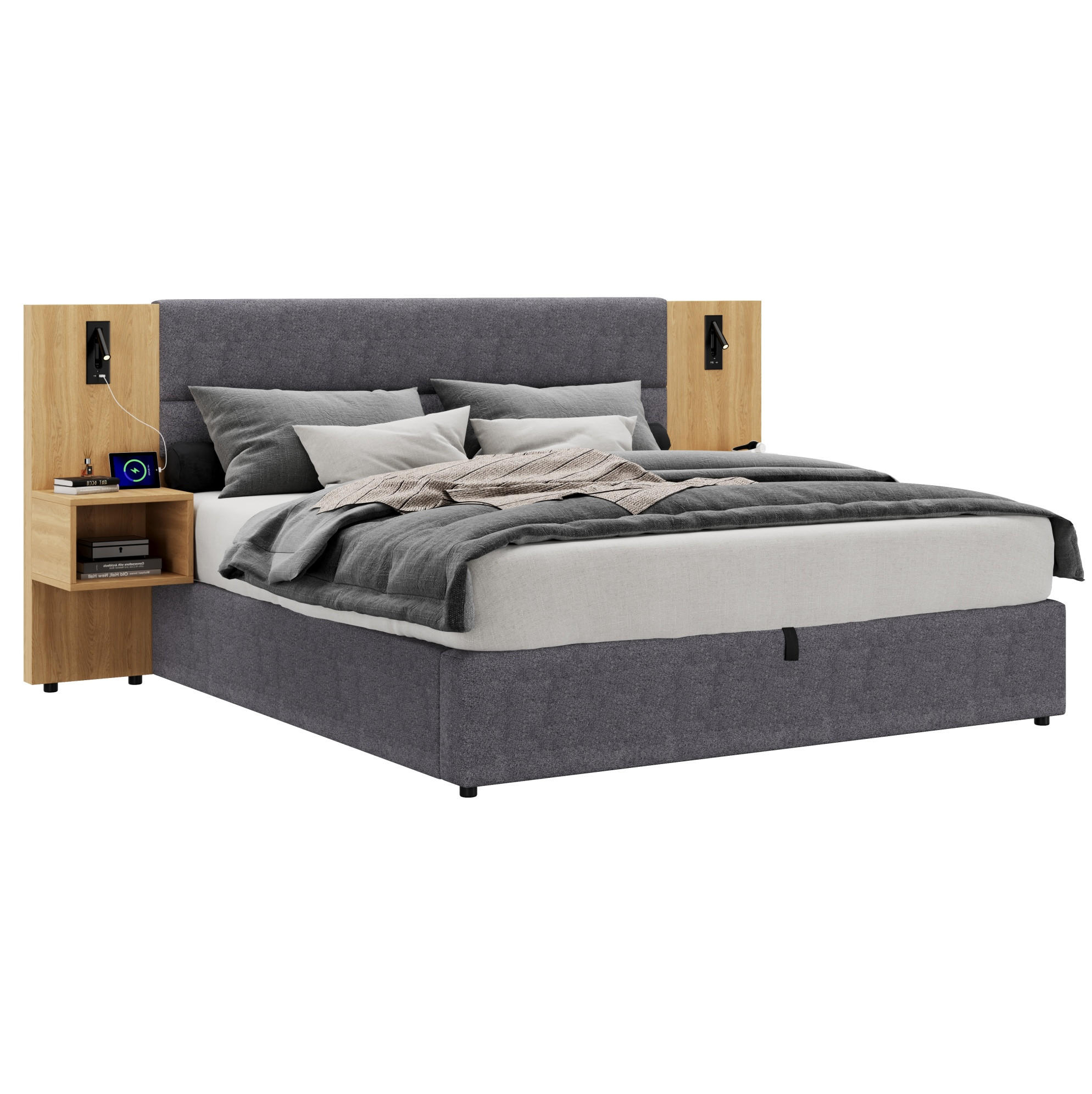 POLSTERBETT 160/200 cm mit USB-A/USB-C, Beleuchtung, hydraulischem Bettkasten und 2 Nachttischen, Natur/Grau - Grau, Textil (160/200cm) - Redom