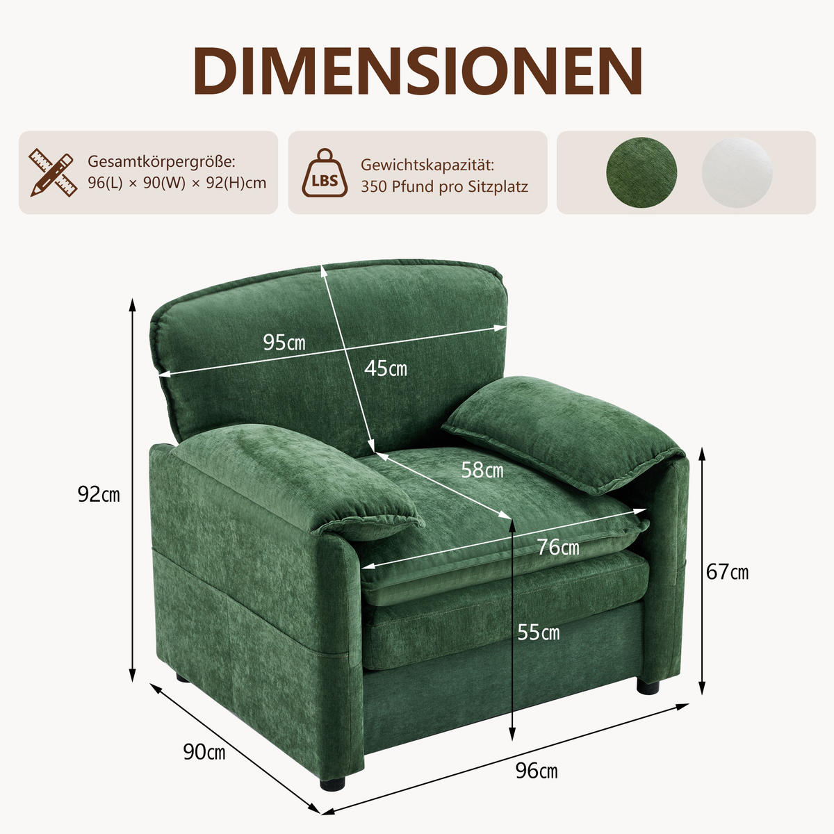 SOFA Chenille Dunkelgrün mit Doppeltaschen - Grün, Holzwerkstoff/Textil (96/90/92cm) - WISHDOR