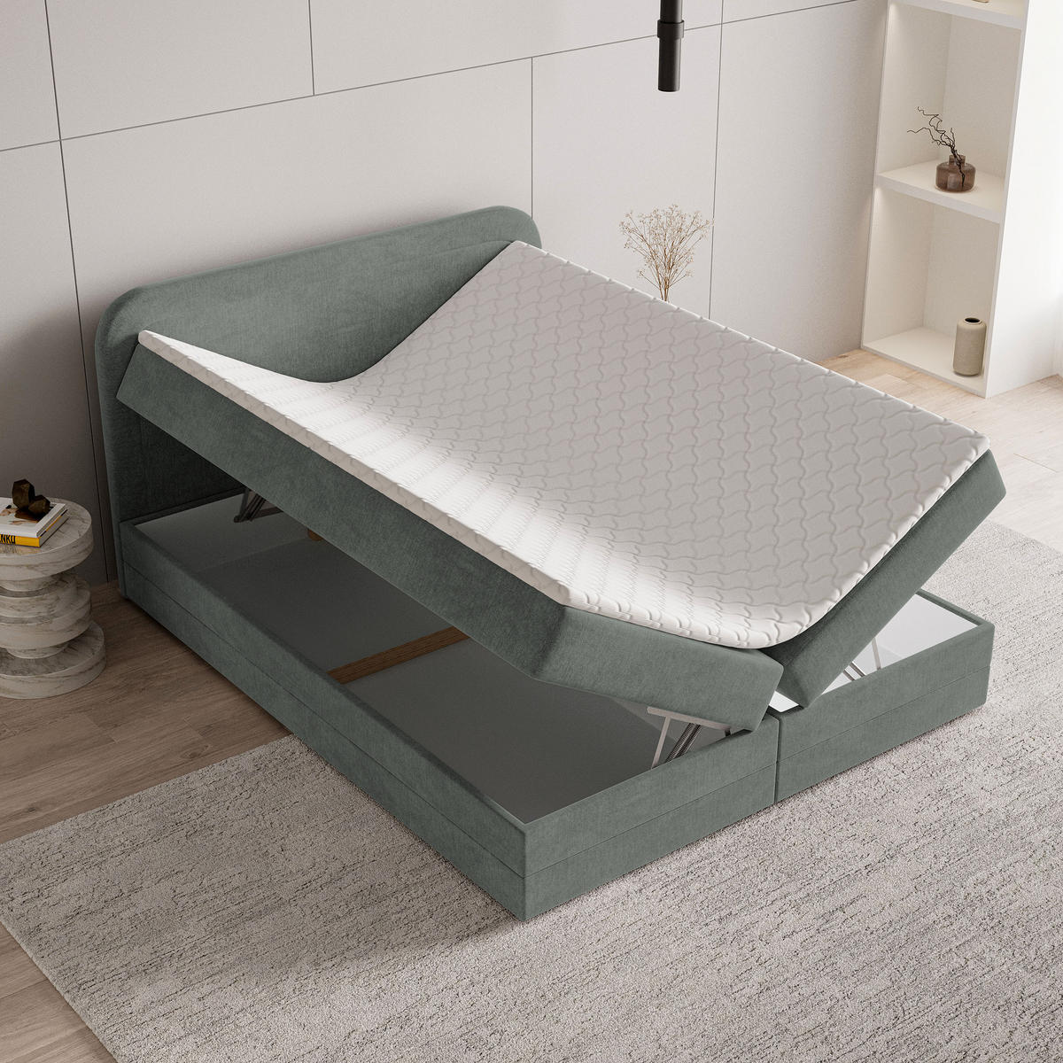 BOXBETT ARMEL 160x200 cm mit Matratze und Topper - Grau - Grau, Holz (160/200cm) - MASSENO