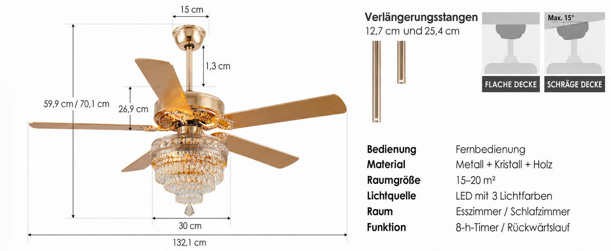 DECKENVENTILATOR Goldfarben 132 cm mit Kristallleuchte und Fernbedienung - Goldfarben, Metall (132.1/132.1/59.9cm)