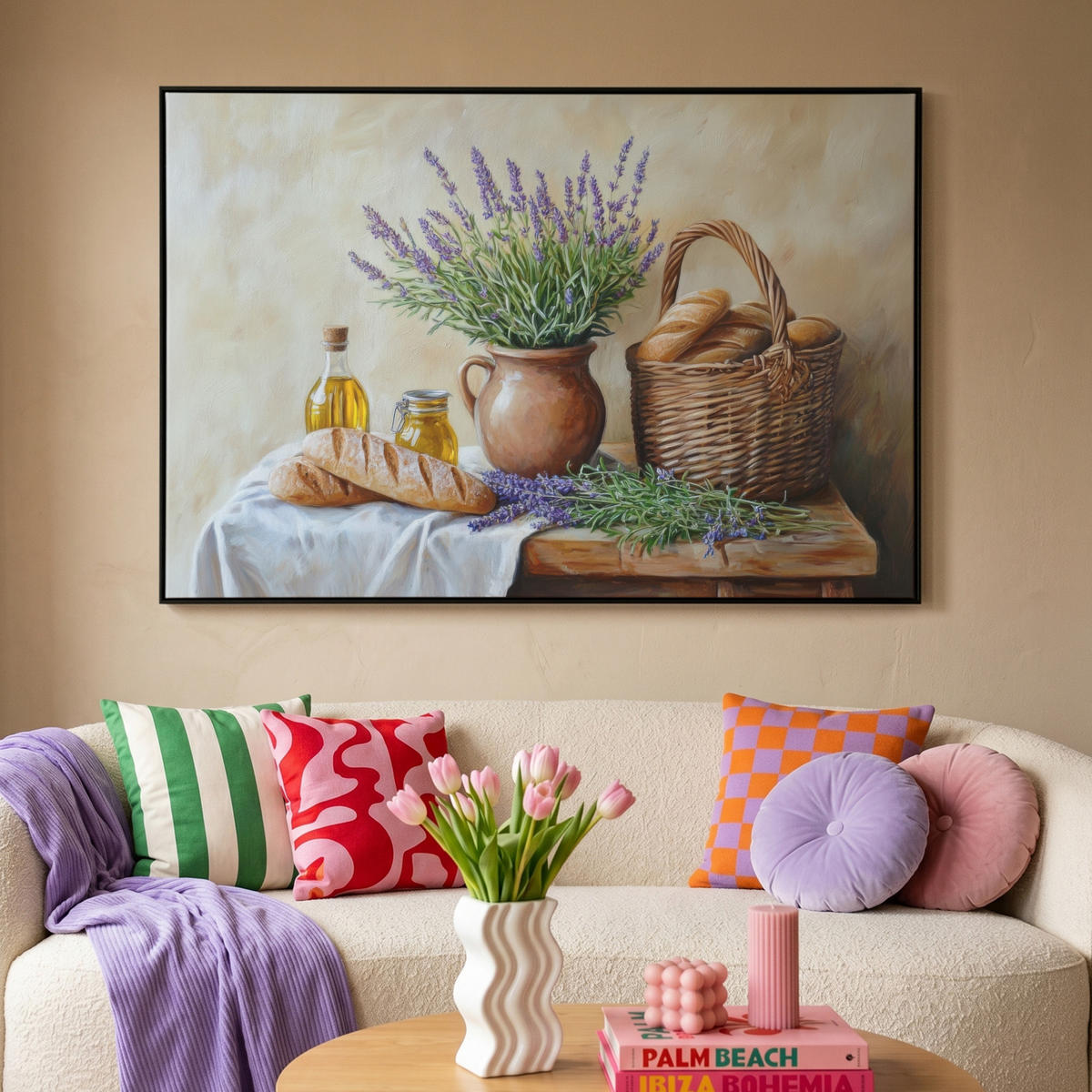 LEINWAND Bilder mit Rahmen - Lavendel - Brot - Stilleben - 120x80 - Flieder, Textil (120/80cm) - MuchoWow