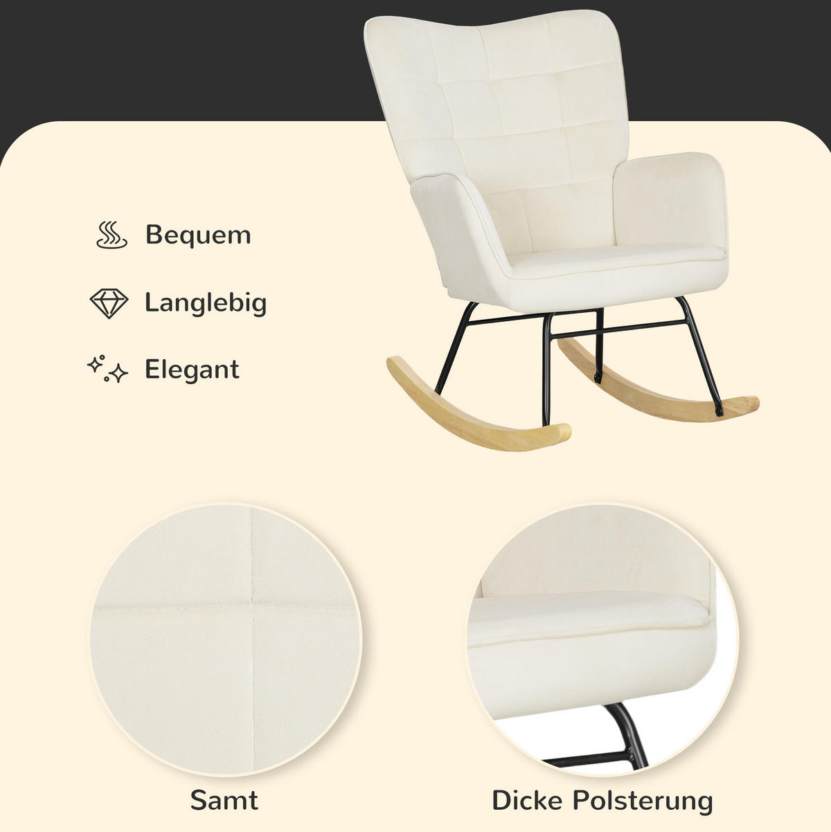 SCHAUKELSTUHL 71/98/101 cm mit Samtoptik und hoher Rückenlehne, bis 120 kg - Beige, Textil (98/101/71cm) - BEAOK