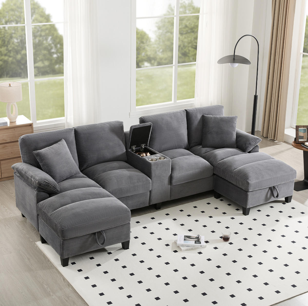 WOHNLANDSCHAFT U-Form 293/142/93 cm in Grau – mit Stauraum, USB und Getränkehalter - Grau, Textil (93/293/142cm) - BEAOK