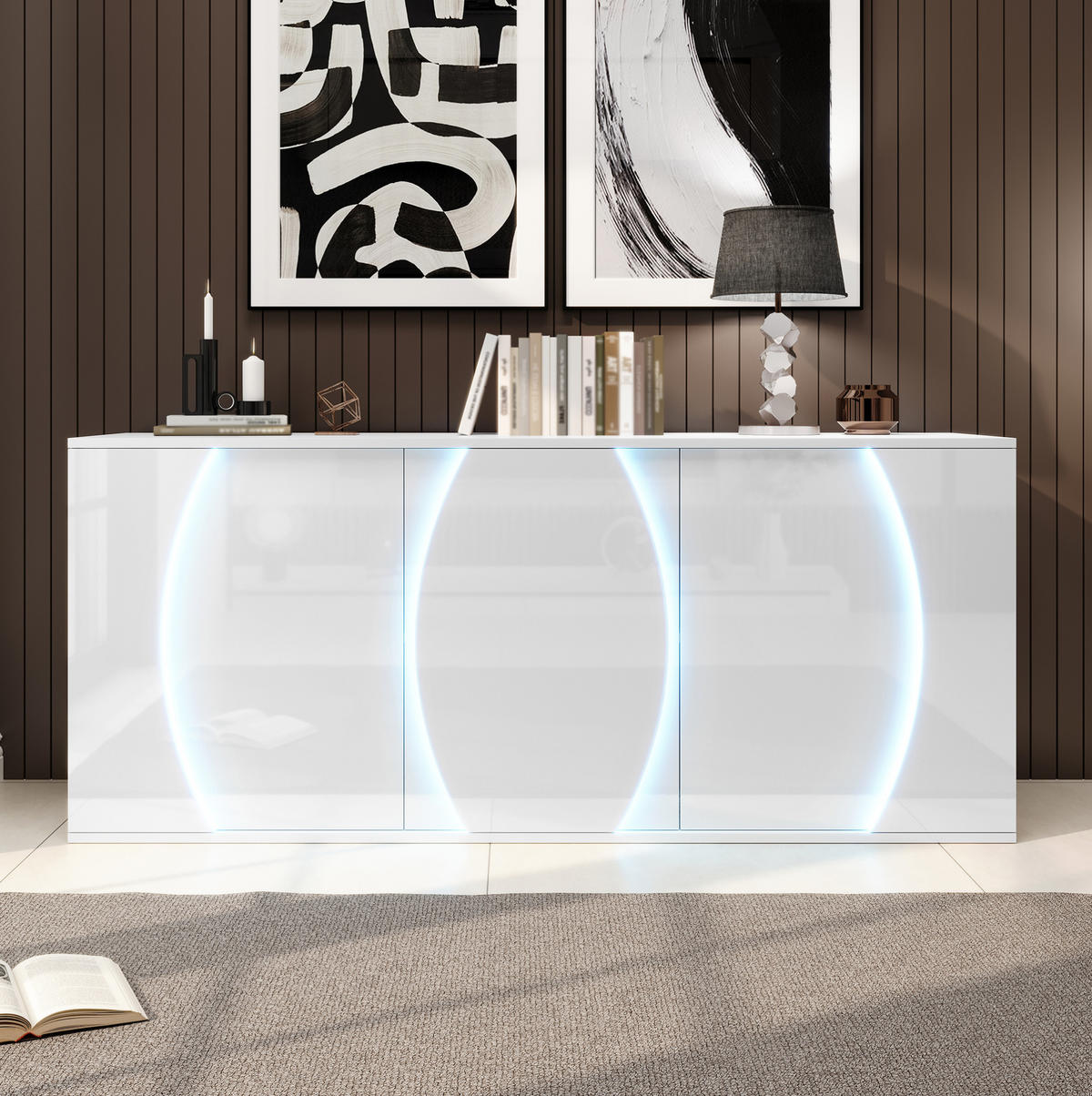 KOMODA z dřevotřísky 150x40x70 cm bílá se 3 dvířky, LED osvětlením, USB napájením a nastavitelnými policemi - bílá, kompozitní dřevo (150/70/40cm) - Modfu
