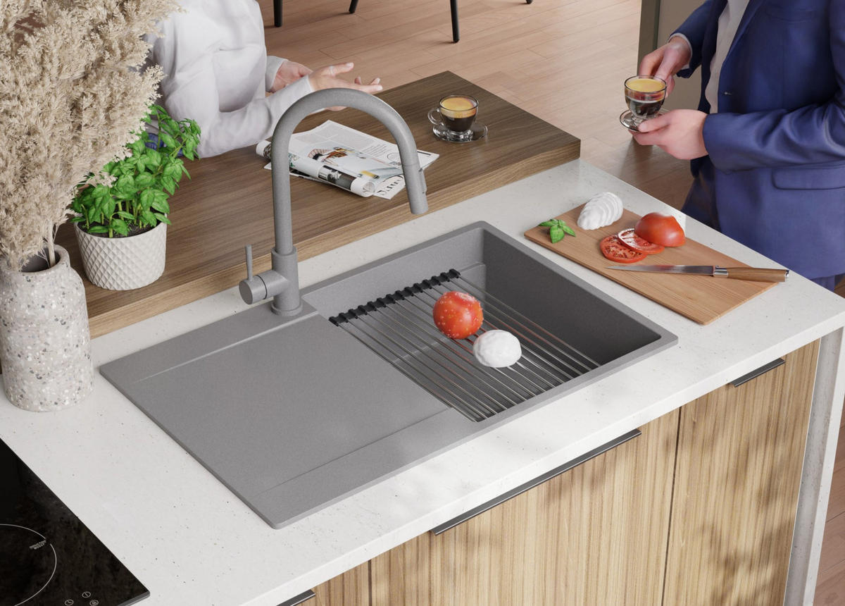 SPÜLBECKEN San Francisco, 2-er set Grau 78/50 cm 1 Becken + Ablauf-Set + Aufrollbare Abtropffläche ab 50er Unterschrank - Chromfarben/Grau, Kunststoff (78/20/50cm) - Primagran