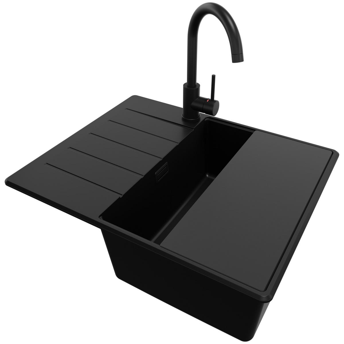 GRANITSPÜLE Kopenhagen, 2-er set Alles Schwarz 62/50 cm 1 Becken + Küchenarmatur 32/20 cm + Ablauf-Set + Schneidebrett ab 45er Unterschrank - Schwarz, Kunststoff (62/20/50cm) - Primagran