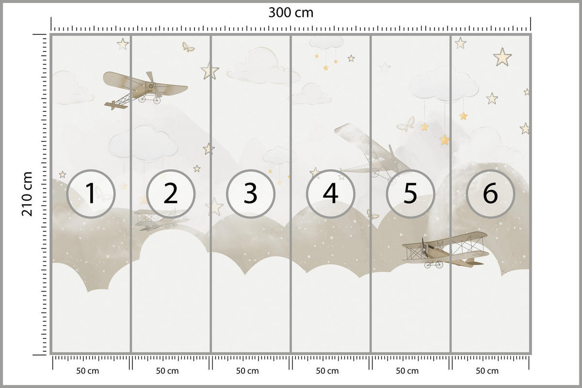 FOTOTAPETE für Kinderzimmer Flugzeuge Wolken Sterne Himmel 300x210 - Gelb/Beige, Papier (300/210cm) - Muralo