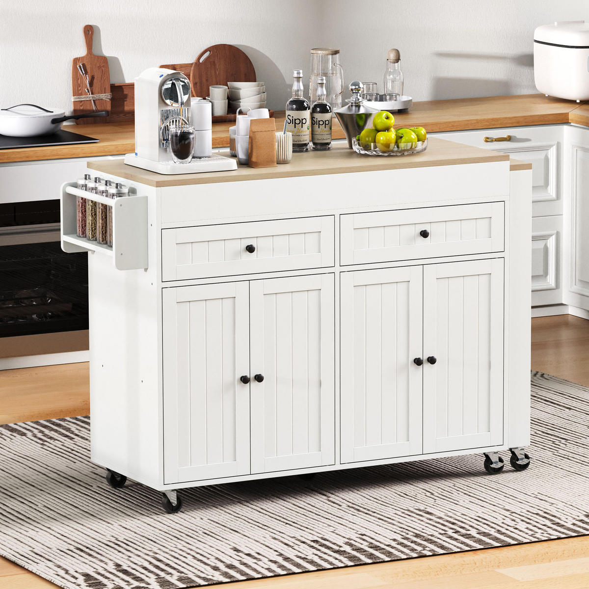 KÜCHENINSEL 112-180.5x45x92.2 cm Weiß mit Ausziehplatte & Rollen - Weiß, Holzwerkstoff (180.5/92.2/45cm) - Modfu