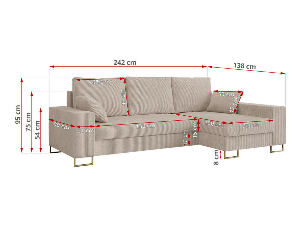 ECKSOFA Dorian Cord Beige - Beige/Goldfarben, Textil/Metall (242/138cm) - MKS