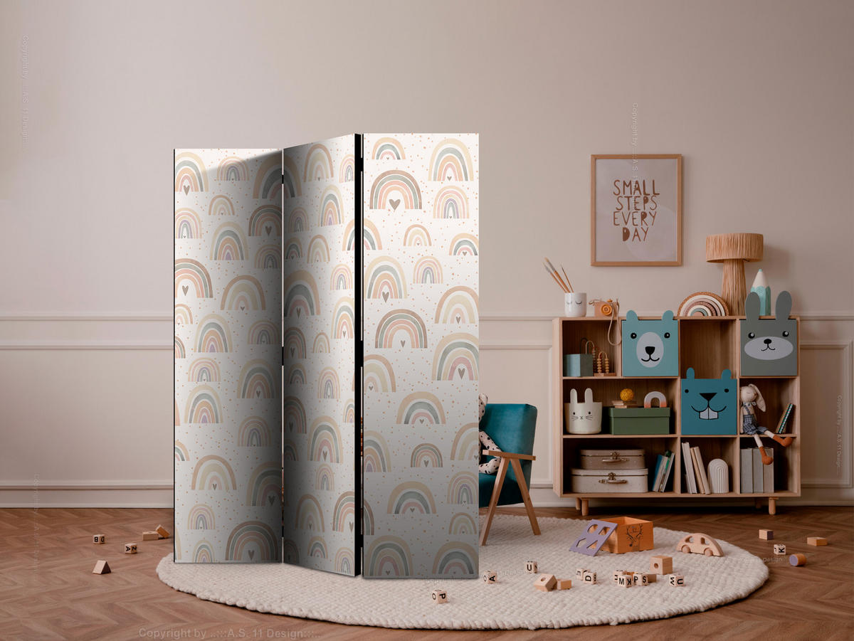 PARAVENT Akustik 3-tlg 135x172 cm Regenbogen Herzen Boho - Beige, Holz/Textil (135/172/3cm) - Muralo