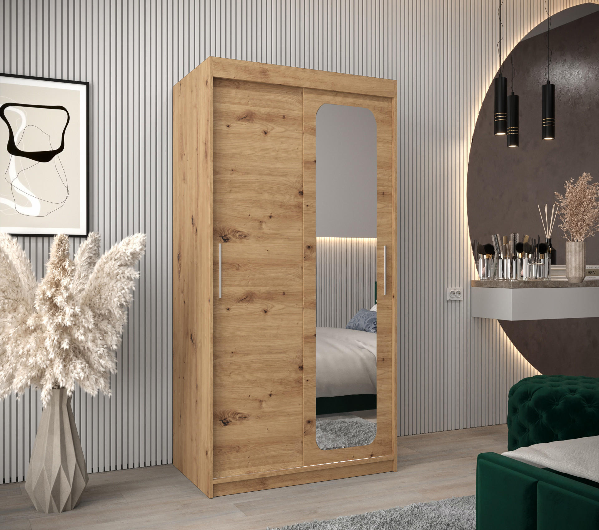 SCHWEBETÜRENSCHRANK 200/100/62 2-türig - Silberfarben/Eiche Artisan, Holz/Kunststoff (100/200/62cm) - MÖBEL KRYSPOL