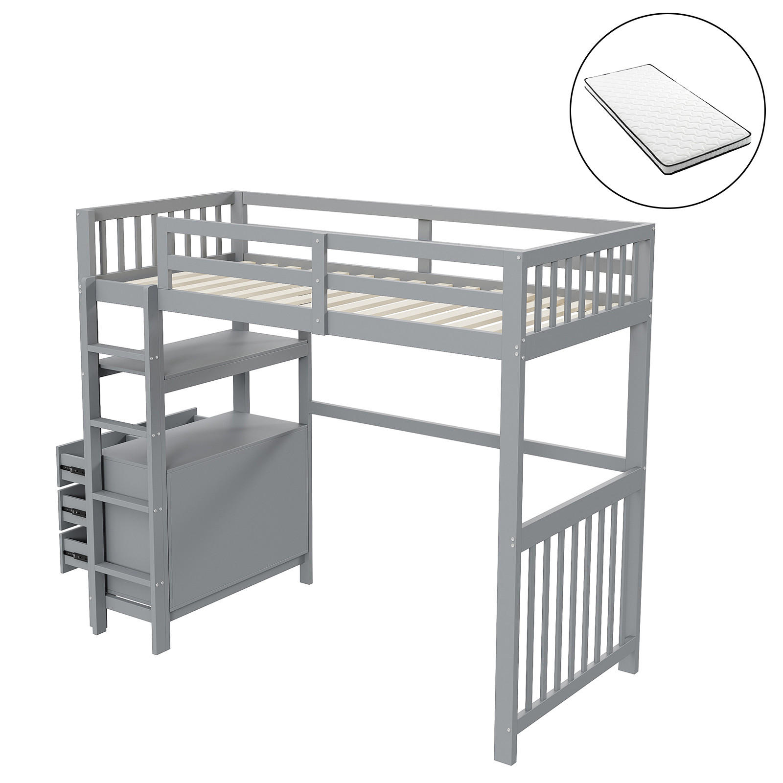 HOCHBETT 90/200 cm grau mit vertikaler Sicherheitsleiter und Schubladen mit Matratze - Grau, Holzwerkstoff (90/200cm) - OKWISH
