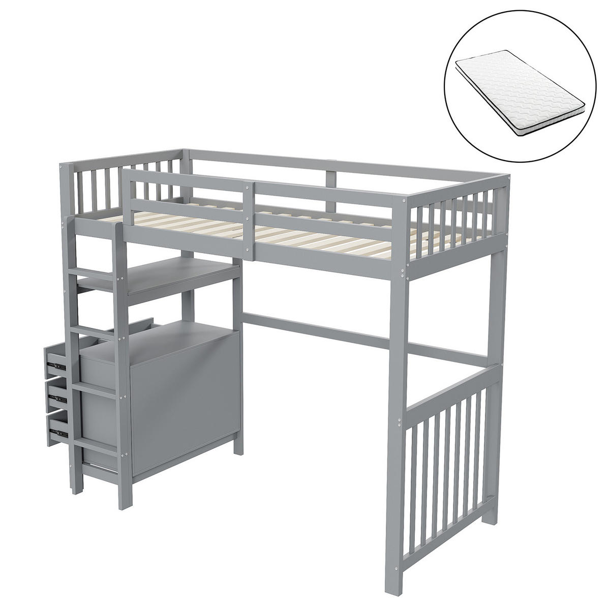 HOCHBETT 90/200 cm grau mit vertikaler Sicherheitsleiter und Schubladen mit Matratze - Grau, Holzwerkstoff (90/200cm) - OKWISH