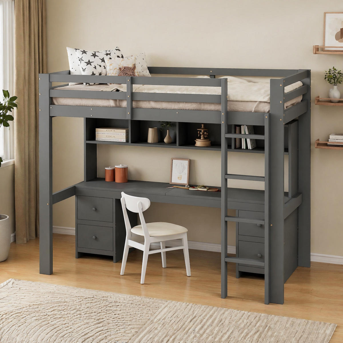 HOCHBETT 90/200 mit Schreibtisch, Stauraum und Treppe in Grau - Grau, Holz (90/200cm) - EVRYAE