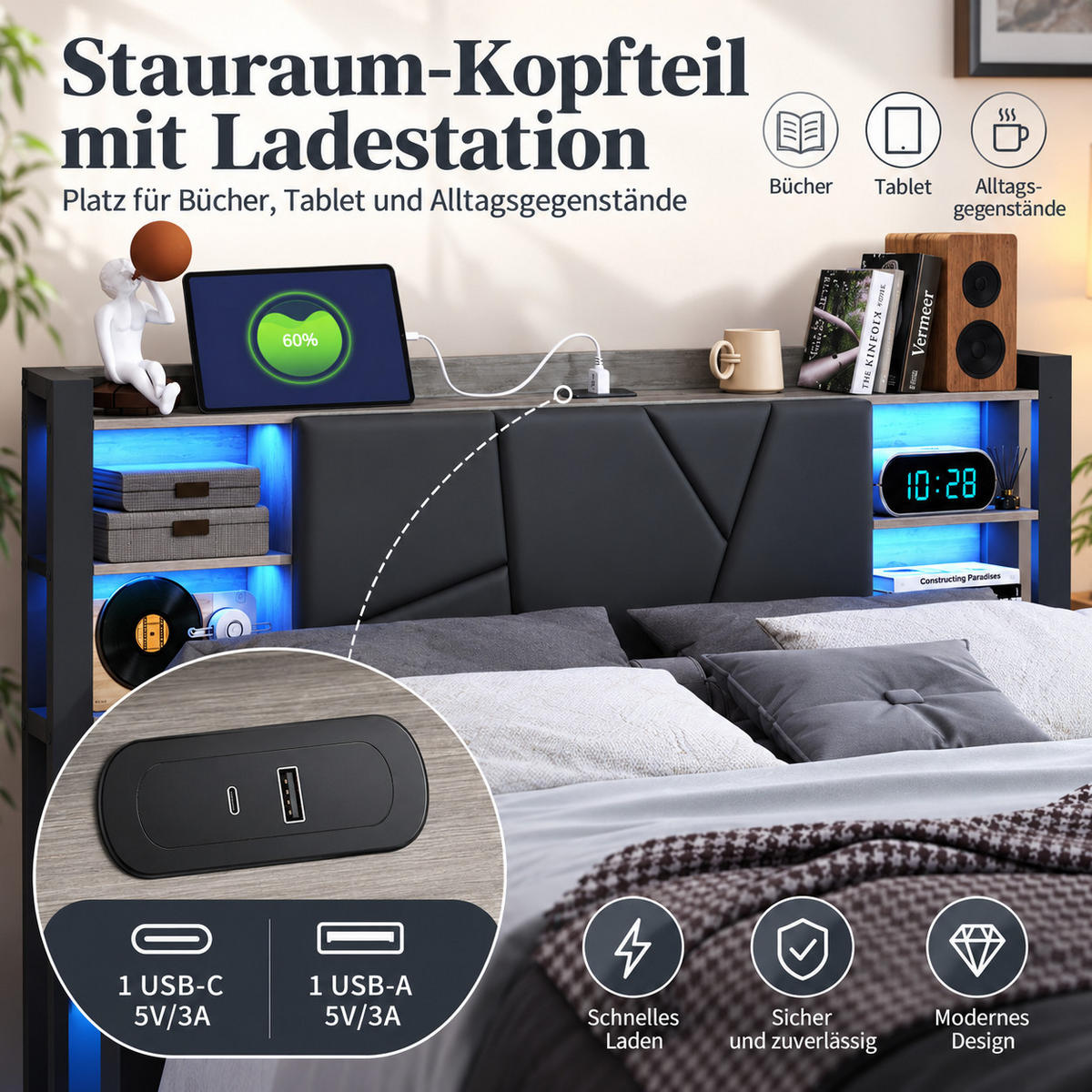 POLSTERBETT 140/200 cm mit LED & USB-Kopfteil und Schubladen, modernes Metallbett - Schwarz, Holz/Metall (140/200cm) - Joyfair